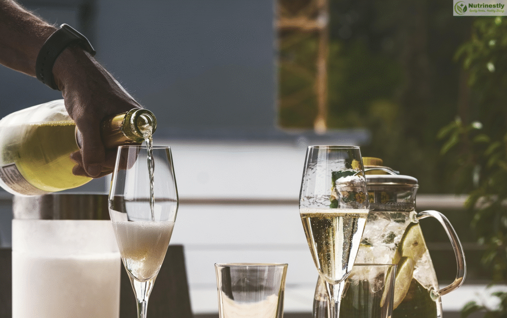 A hand pours a sparkling drink from a bottle into a champagne flute on an outdoor table. Another filled glass, an empty glass, and a pitcher with lime slices and ice are also visible. The setting suggests a relaxed, sunny gathering.