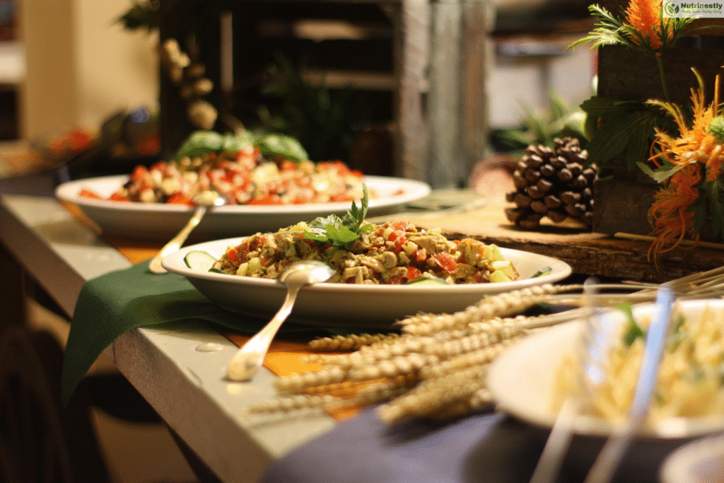 Colorful vegetable salads served in white bowls on a rustic table, garnished with fresh herbs and surrounded by seasonal decor.