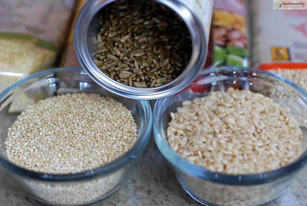 A close-up image of three different types of grains, with a metal can pouring whole grains into a glass bowl, and two additional glass bowls filled with quinoa and brown rice, surrounded by packaged grains in the background.
