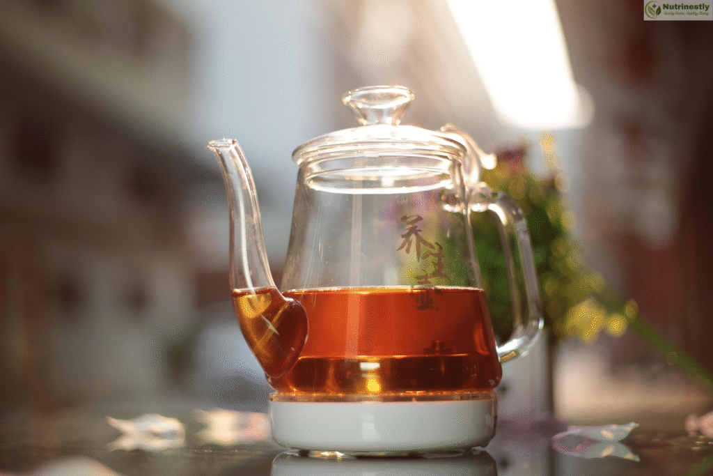 black tea in a clear glass kettle