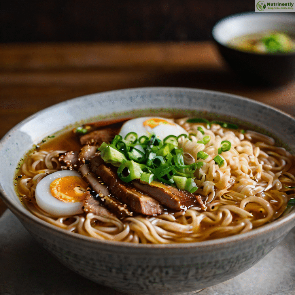 Bowl of low-sodium ramen noodles topped with soft-boiled egg, sliced pork, scallions, and vegetables in a flavorful broth—a heart-healthy ramen option.