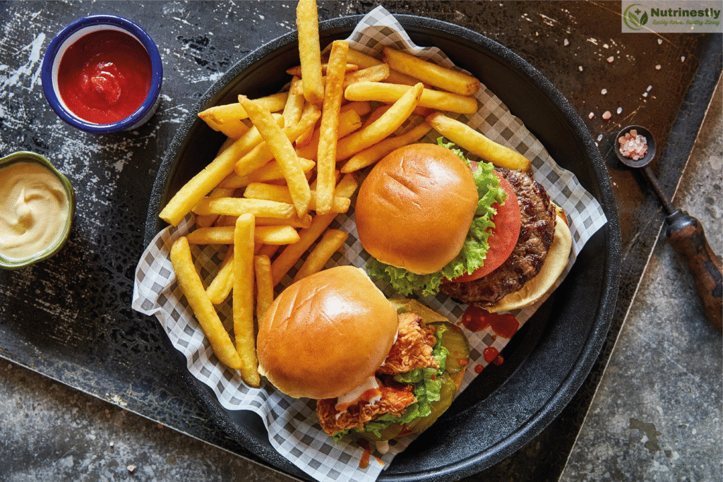 beef burger with potato fries with ketchup and sauce in a black tray