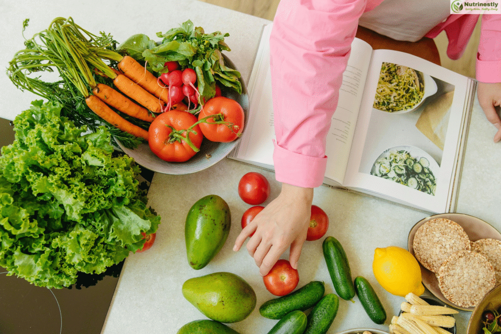 Fresh anti-inflammatory foods including tomatoes, carrots, leafy greens, avocado, and cucumbers, arranged on a kitchen counter next to a healthy recipe book.