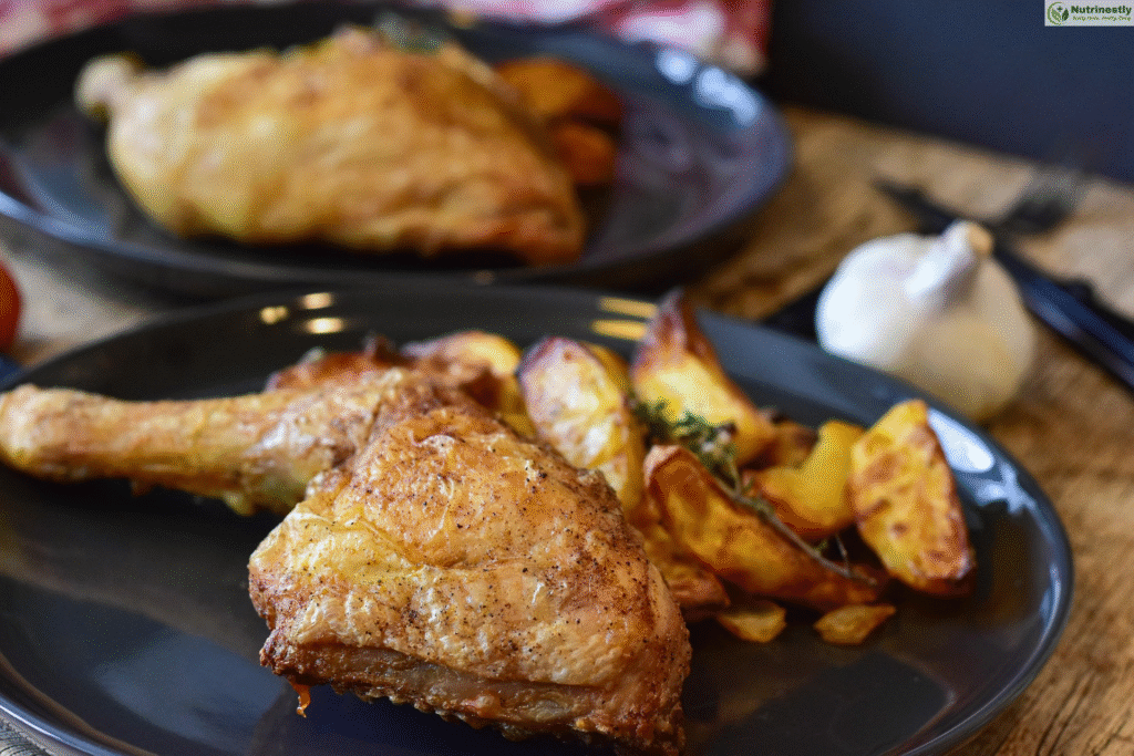 Close-up of a roasted chicken thigh served with crispy potato wedges on a dark plate, with another plate and garlic bulb visible in the background.
