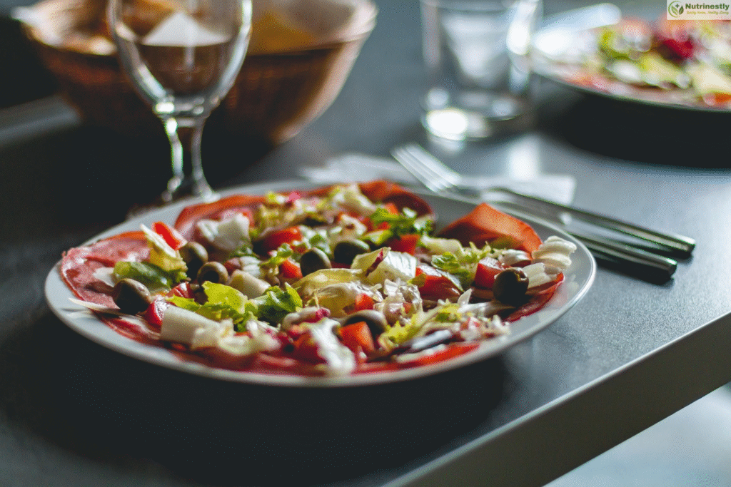 A colorful plate of fresh salad with leafy greens, olives, bell peppers, and mozzarella an appetizing example of healthy food served in a modern setting.