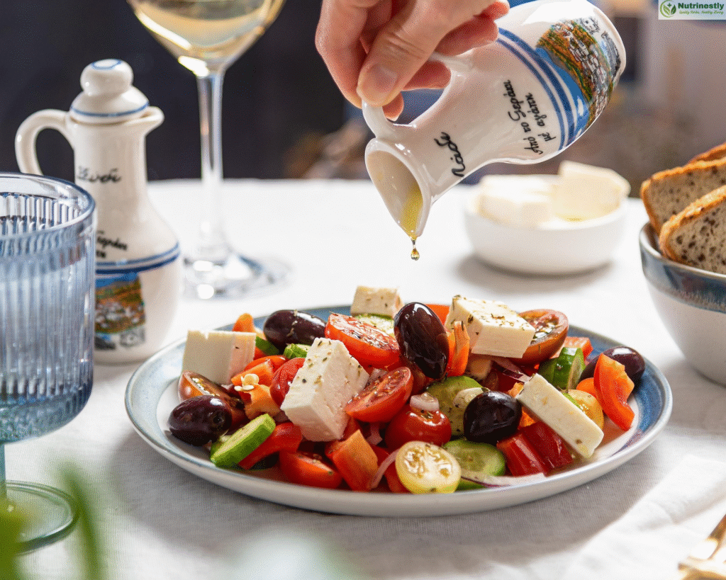 A fresh Greek salad with feta cheese, olives, tomatoes, cucumbers, and bell peppers being drizzled with olive oil a perfect example of healthy food.