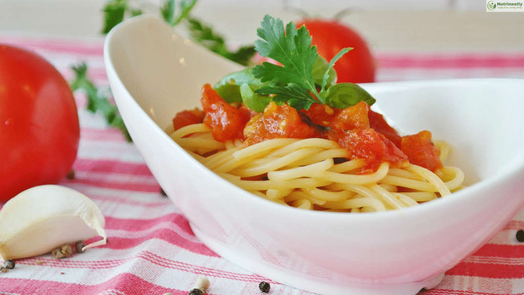 Delicious spaghetti served in a white bowl, topped with rich tomato sauce and garnished with fresh herbs, placed on a red and white checkered cloth with garlic, peppercorns, and tomatoes nearby.